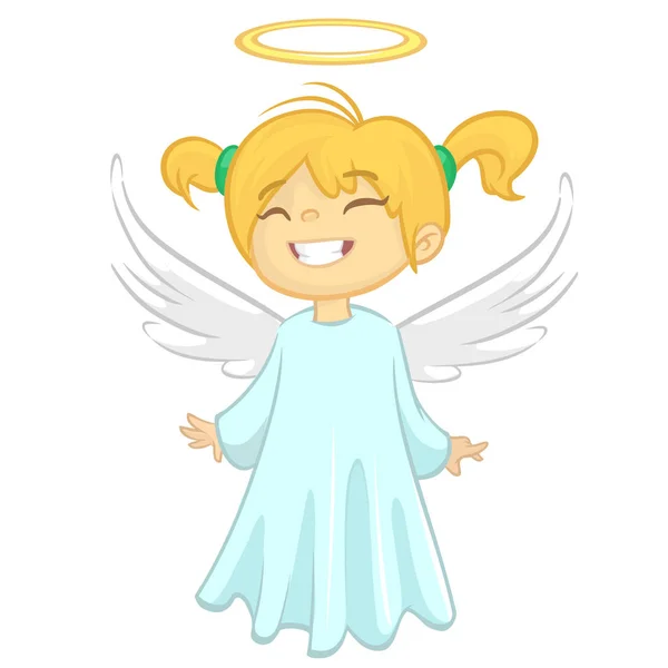 Симпатичная счастливая девушка ангел характер с белыми крыльями полета. Векторная иллюстрация — стоковый вектор