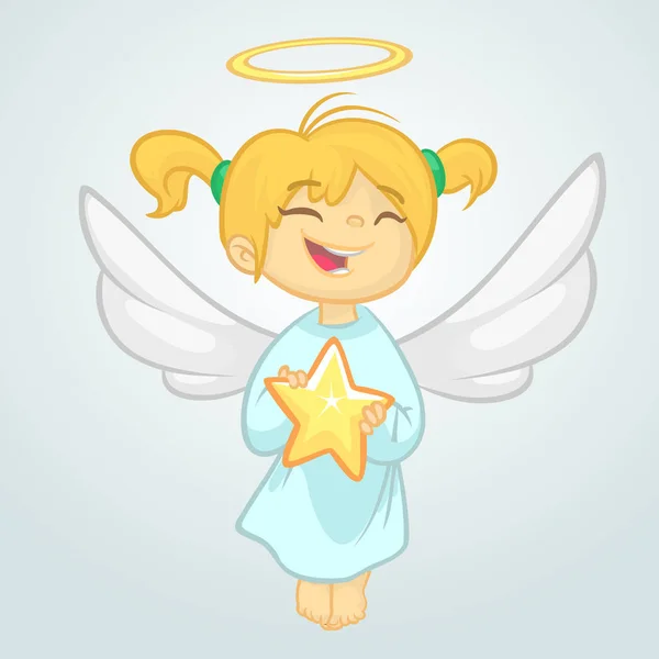 Lindo ángel de Navidad sosteniendo una estrella. Ilustración de dibujos animados vectoriales aislados. Diseño para impresión, póster, pegatina, tarjeta de felicitación o invitación — Vector de stock
