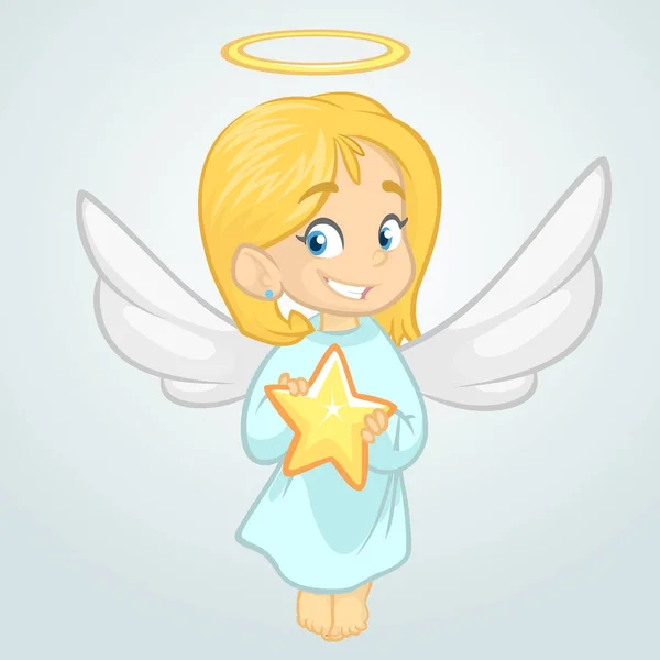 Bonito desenho animado anjo de Natal segurando uma estrela. Ilustração vetorial isolada —  Vetores de Stock