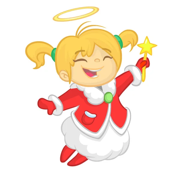 Lindo personaje de ángel de Navidad de dibujos animados volando y sosteniendo estrella. Ilustración vectorial del hada rubia del invierno feliz esbozada — Vector de stock