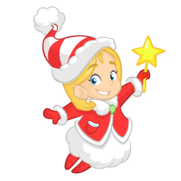 Симпатичный мультфильм Рождественский ангел-герой летит и держит звезду. Векторная иллюстрация счастливой зимней белокурой феи — стоковый вектор