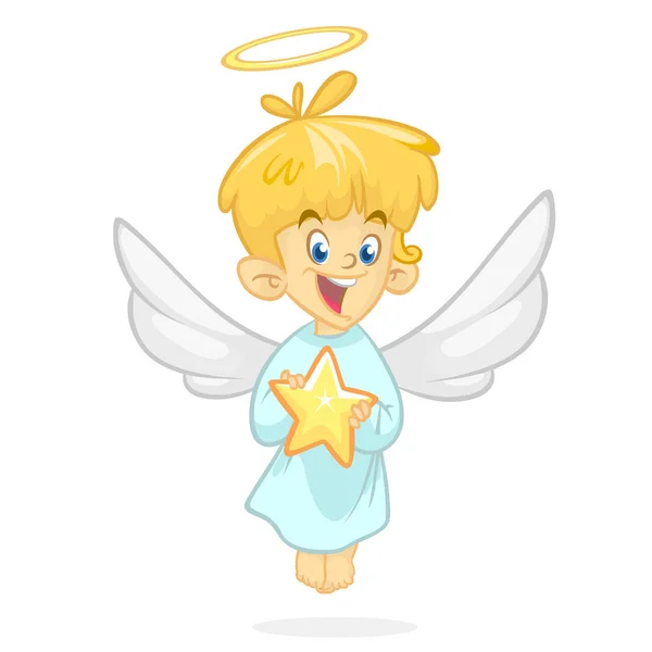 Симпатичный мультяшный ангел, держащий звезду. Рождественская карикатура. Векторная иллюстрация . — стоковый вектор