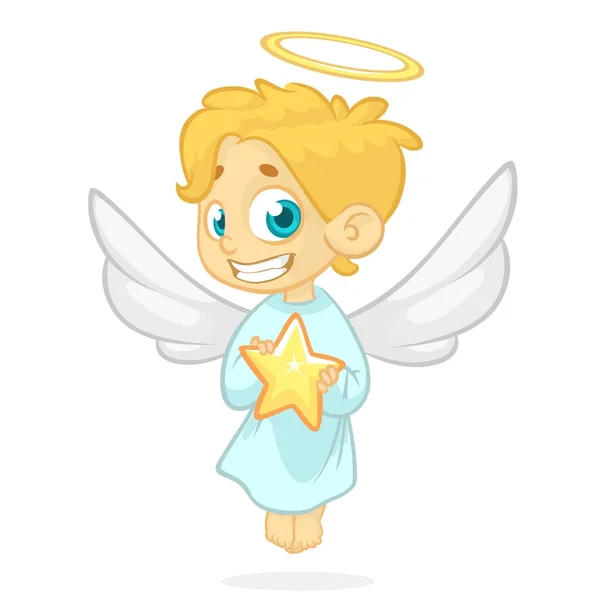 Lindo ángel de dibujos animados sosteniendo una estrella. Dibujos animados de Navidad. Ilustración vectorial aislada . — Vector de stock