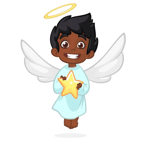 Lindo ángel de dibujos animados sosteniendo una estrella. Dibujos animados de Navidad. Ilustración vectorial aislada . — Vector de stock