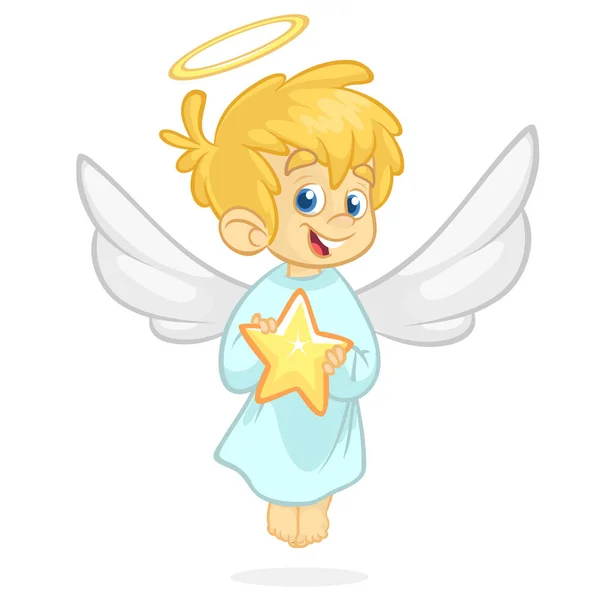 Lindo ángel de dibujos animados sosteniendo una estrella. Dibujos animados de Navidad. Ilustración vectorial aislada . — Vector de stock