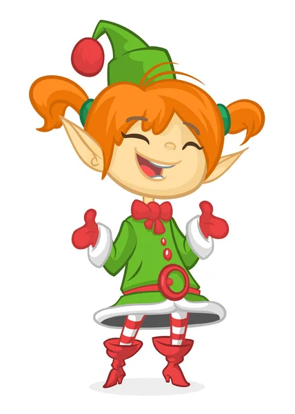 Šťastný karikatura s úsměvem blond dívka vánoční Santa Elf. Vektorové ilustrace izolované na bílém — Stockový vektor
