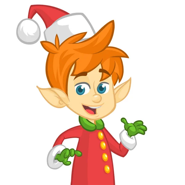 Lindo niño de dibujos animados ayudante de Santa elfo de pie sobre fondo blanco aislado. Navidad chracter presentando — Vector de stock