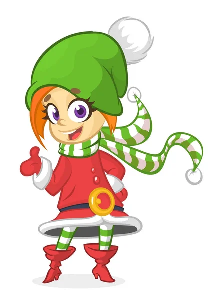 Feliz desenho animado sorrindo loira menina Natal Santa 's Elf. Ilustração vetorial isolada sobre branco — Vetor de Stock