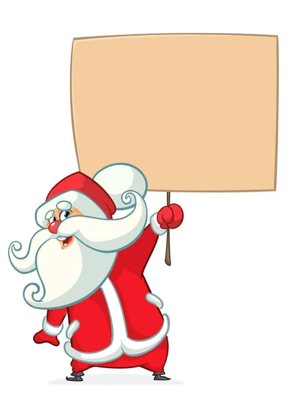 Dibujos animados de Navidad ilustración del personaje divertido de Santa Claus sosteniendo un cartel de madera. Vector aislado — Vector de stock