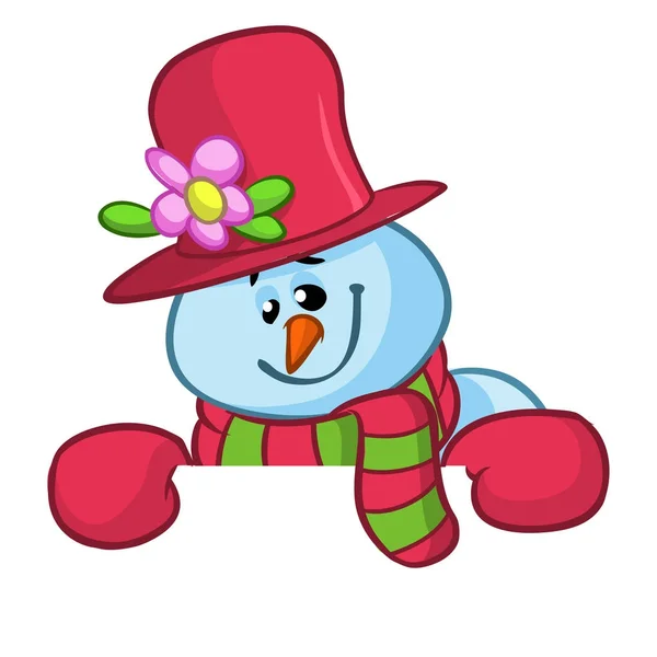 Маленький милый улыбающийся снеговик в шарфе и шерстяной кепке с пустым свитком для приглашения смс. Рождественская или новогодняя векторная иллюстрация — стоковый вектор