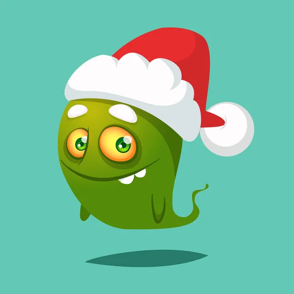 Divertido monstruo de dibujos animados con sombrero de Santa Claus. Ilustración de Navidad — Vector de stock