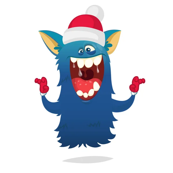 Divertido monstruo de dibujos animados con sombrero de Santa Claus. Ilustración de Navidad — Vector de stock