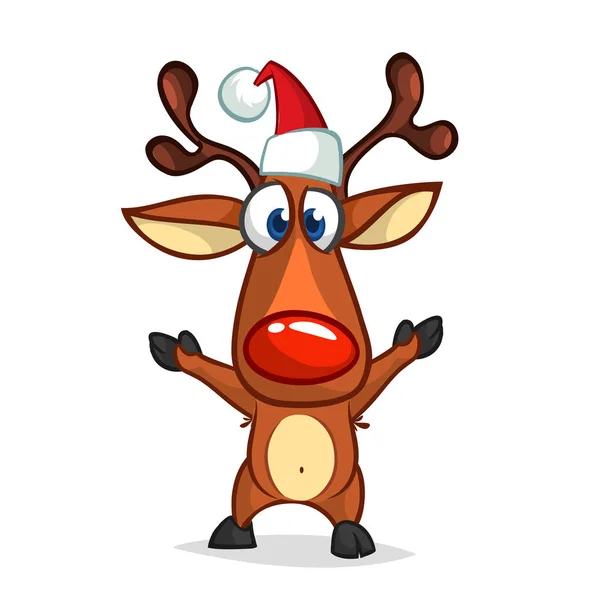 Zabawny kreskówkowy renifer z czerwonym nosem. Boże Narodzenie wektor ilustracja — Wektor stockowy