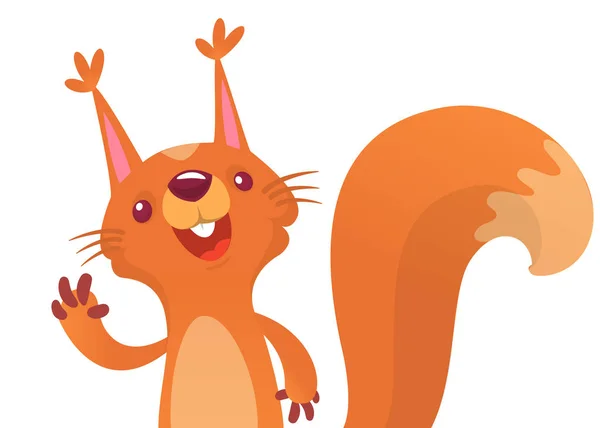 Leuke cartoon eekhoorn presenteren en zwaaien hand. Vectorillustratie. — Stockvector