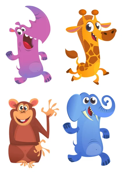 Zeichentricktiere spielen. Vektor-Set von Tiersymbolen isoliert auf weiß. Vektorillustration von Nashorn, Giraffe, Affe, Schimpanse und Elefant — Stockvektor