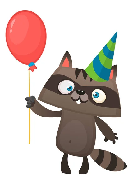 Zabawny szop z kreskówek trzymający czerwony balon na sobie urodziny — Wektor stockowy