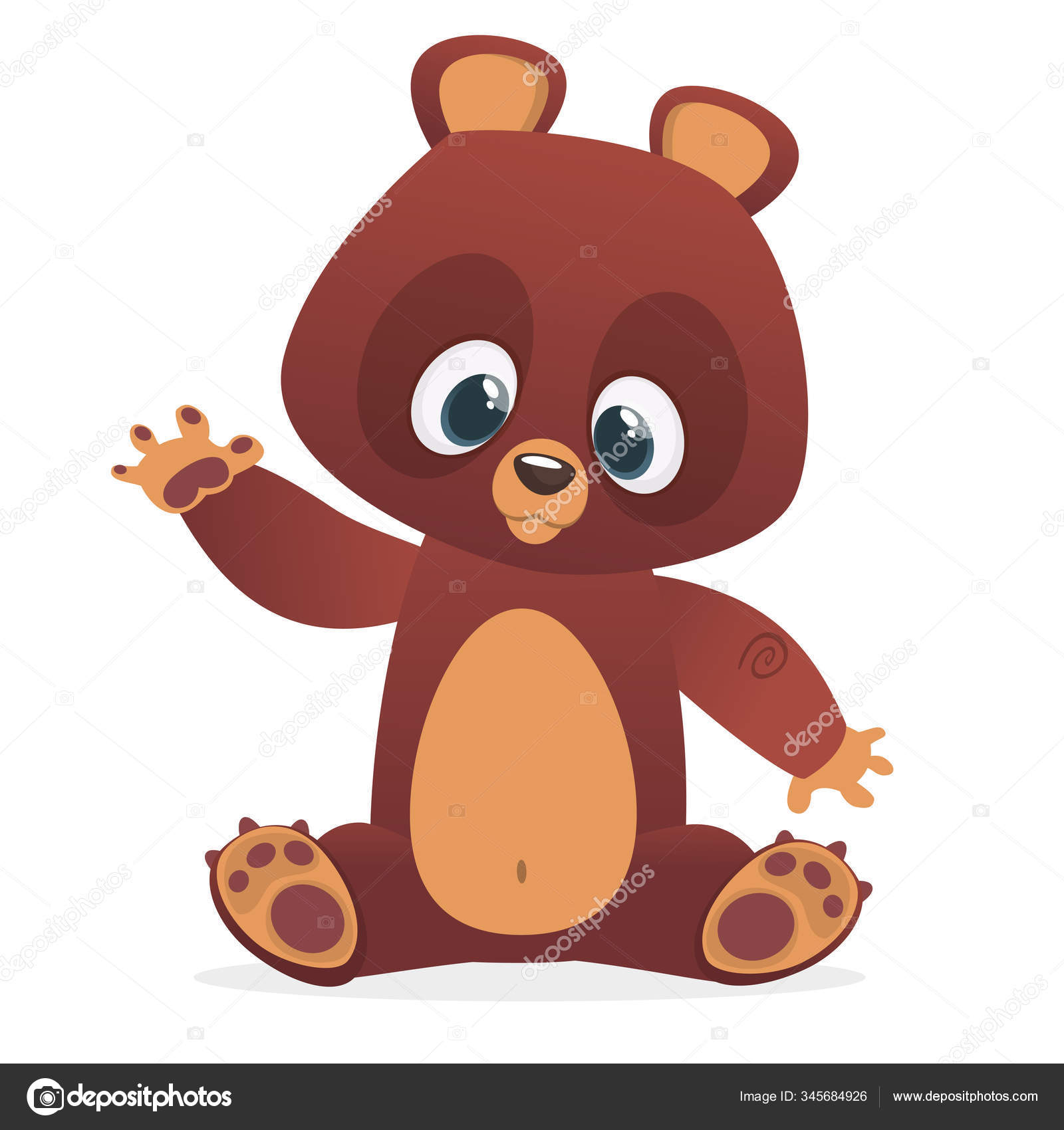 Cartoon funny bear character with big eyes sitting waving hand
