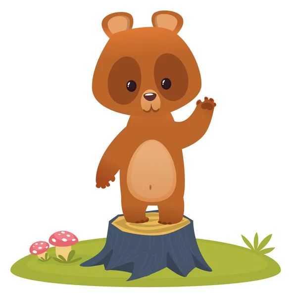 Cute ours bande dessinée agitant la main et debout sur une souche d'arbre. Illustration vectorielle isolée — Image vectorielle