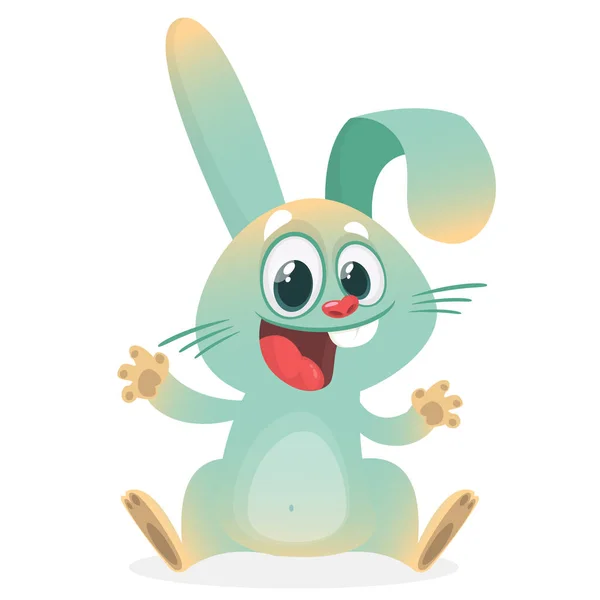 Симпатичный маленький мультяшный кролик поднимает руки. Векторная иллюстрация — стоковый вектор
