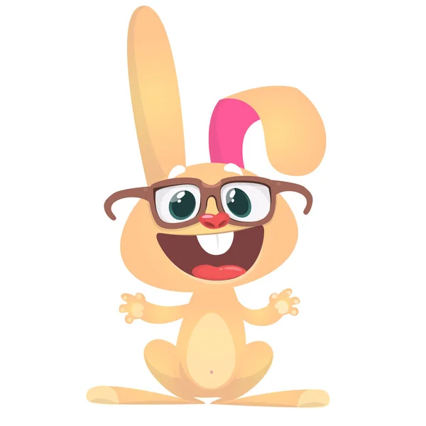 Šťastný kreslený králík s velkýma očníma brýlema, mávající rukou. Vektor — Stockový vektor