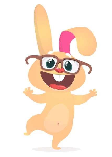 Щасливий мультяшний кролик у великих окулярах махає рукою. Векторні — стоковий вектор