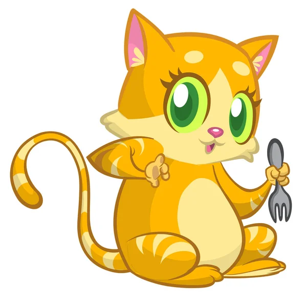 Cute Funny Cartoon Cat Holding Fork Vector Illustration — Stock Vector
