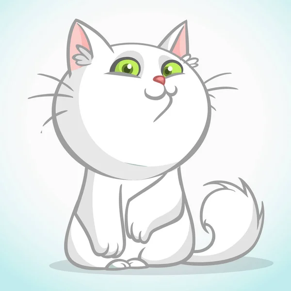Biały Tłusty Kot Zielonymi Oczami Wektor Kreskówki Kot Ilustracja — Wektor stockowy