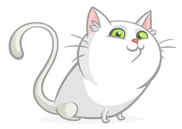 Белый Жирный Кот Зелеными Глазами Сидит Векторная Карикатура — стоковый вектор
