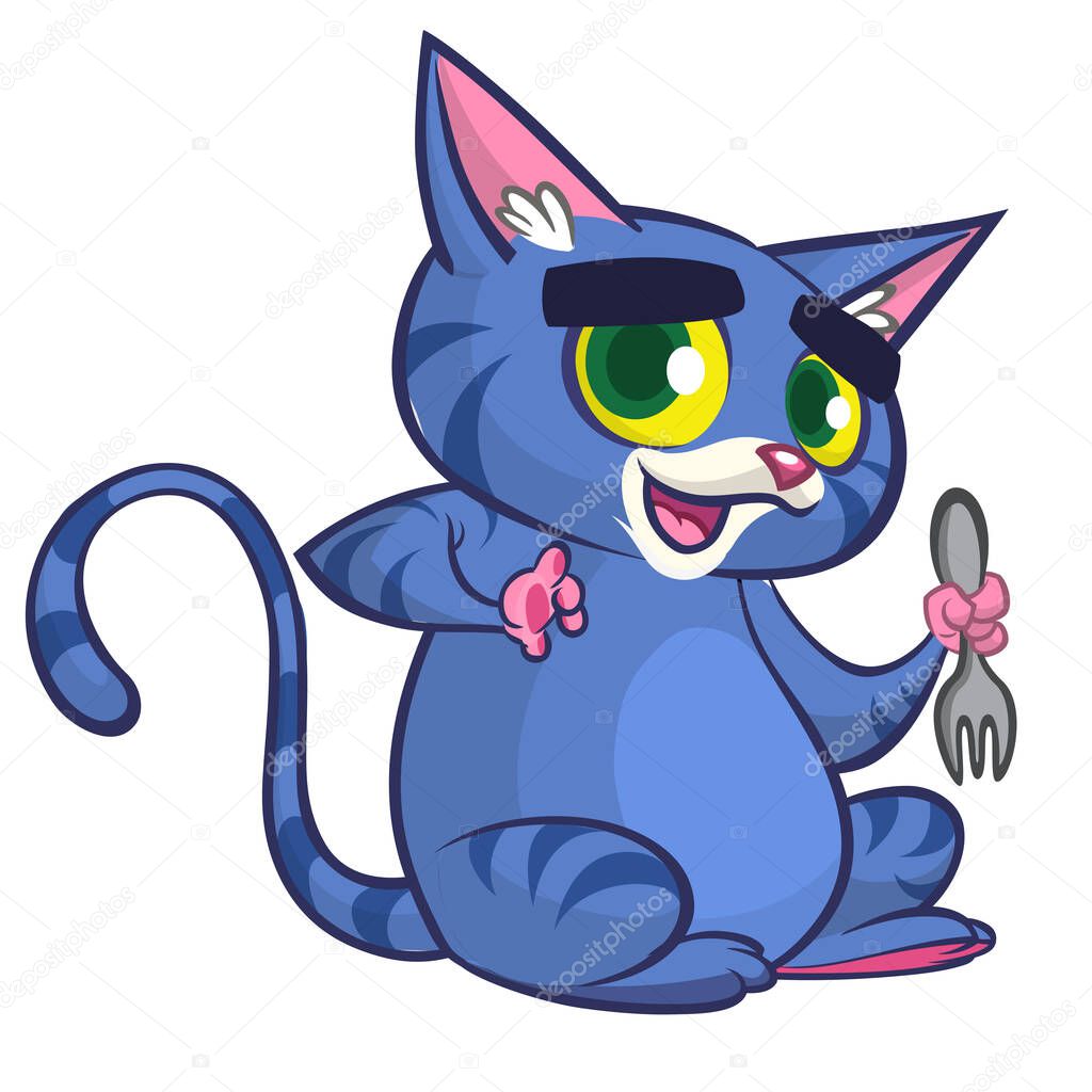 Cute and funny cartoon cat holding fork. Vector illustration