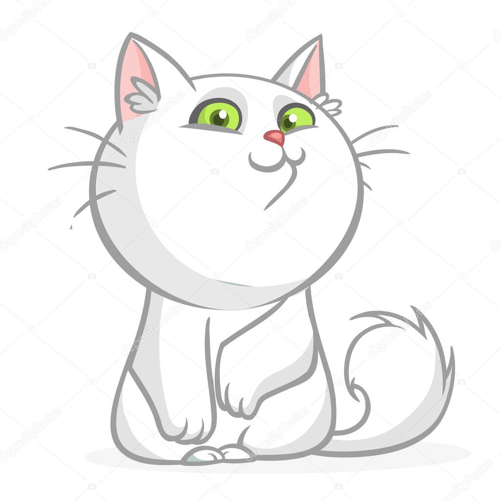 Cartoon pretty white fat cat sitting. Fat  cat illustration isolated