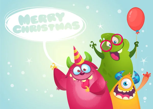 Feliz Navidad Caricatura Postal Saludo Monstruos Fiesta Ilustración — Vector de stock