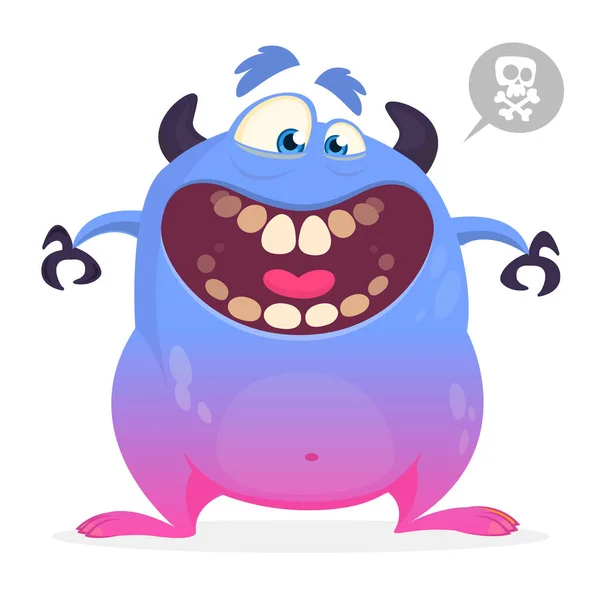 Grappig Tekenfilmmonster Glimlachend Met Grote Mond Vector Illustratie Van Blauw — Stockvector