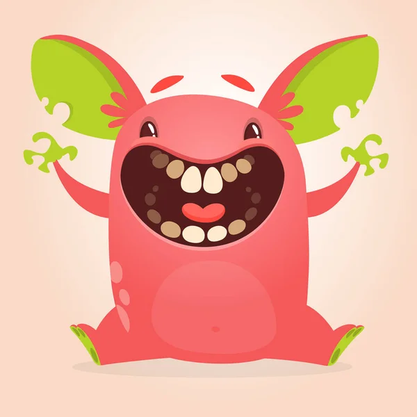 Leuk Vrolijk Cartoon Rood Monster Met Grote Oren Lachen Halloween — Stockvector