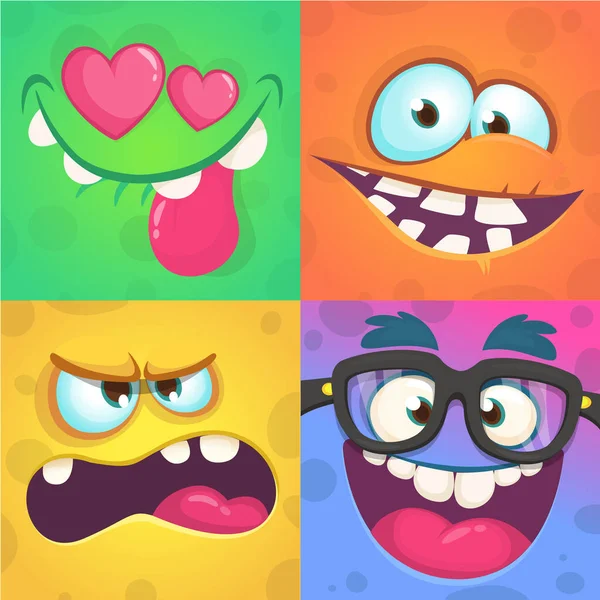 Caras Monstruo Dibujos Animados Conjunto Vectorial Cuatro Caras Monstruo Halloween — Vector de stock