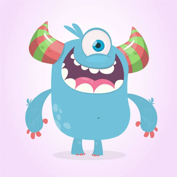 Nettes Cartoon Monster Mit Hörnern Mit Einem Auge Lächelnde Monstergefühle — Stockvektor