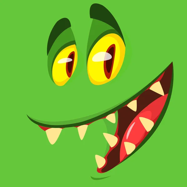 Śmieszna Rysunkowa Twarz Potwora Uśmiechającego Się Wektorowa Ilustracja Zielonego Strasznego — Wektor stockowy