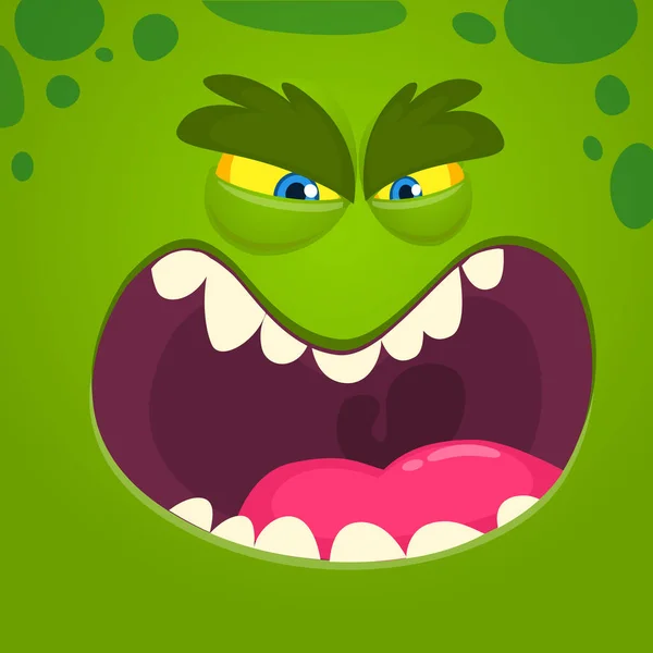 Boos Tekenfilmmonster Gezicht Vector Halloween Groen Monster Karakter — Stockvector