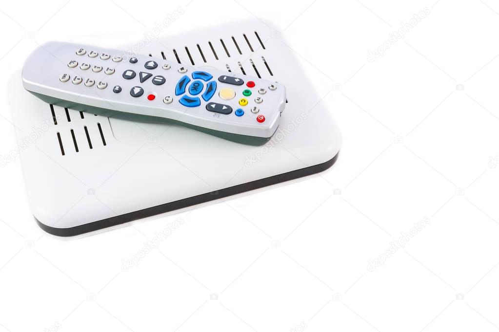 Stacked Remote and Receiver for Internet TV on white side-view