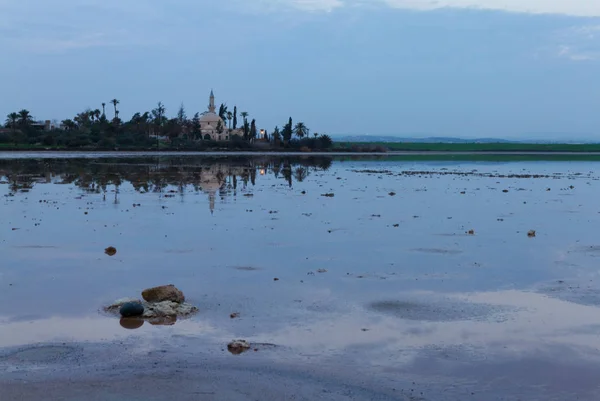 Larnaca salt lake with Hala Suktan Tekke in the background — Stock Photo, Image