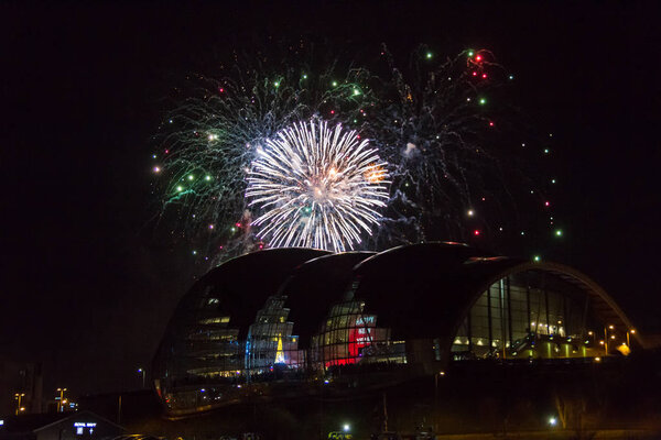 Fireworks at Newcastle Quayside over Sage Gateshead concert hall