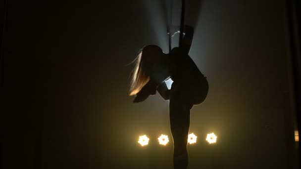 Aerial acrobat woman on circus stage. Silhouette — Stock video