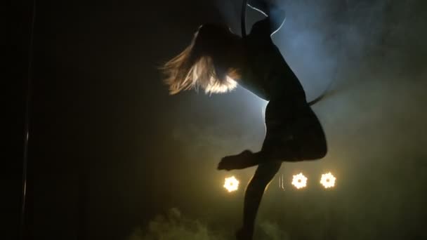 Aerial acrobat woman on circus stage. Silhouette — ストック動画