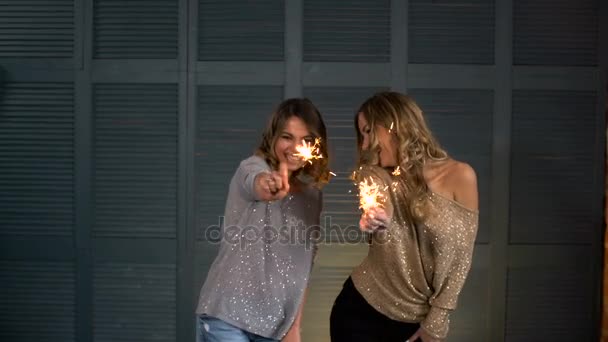 Twee gelukkige meisjes met een sparkler in hun handen — Stockvideo