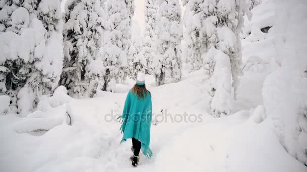 La chica está caminando a lo largo del hermoso bosque de invierno en un cuadros . — Vídeos de Stock