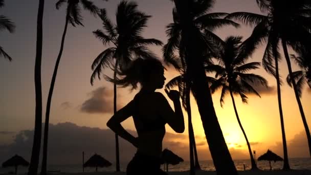 Das Mädchen läuft morgens im Morgengrauen in den Palmen herum — Stockvideo