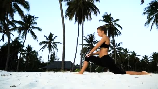 Девушка растягивает йогу утром на пальмах на рассвете — стоковое видео