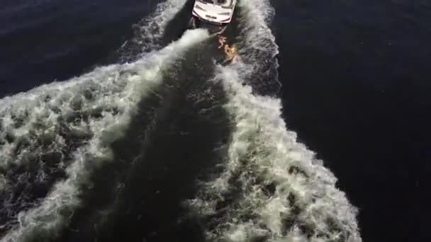 Chica surfista despierta montando una ola detrás de un barco. vista superior Dron . — Vídeos de Stock