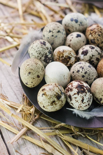 Ovos de Páscoa em placa de palha no fundo de madeira — Fotografia de Stock
