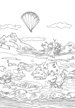 Hand drawing ornamental landscape trees and stones, travel paragliding dreams, clipart