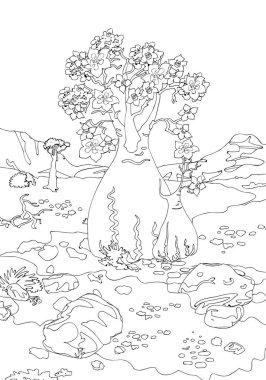 El çizimi süs manzara ağaçlar ve taşlar